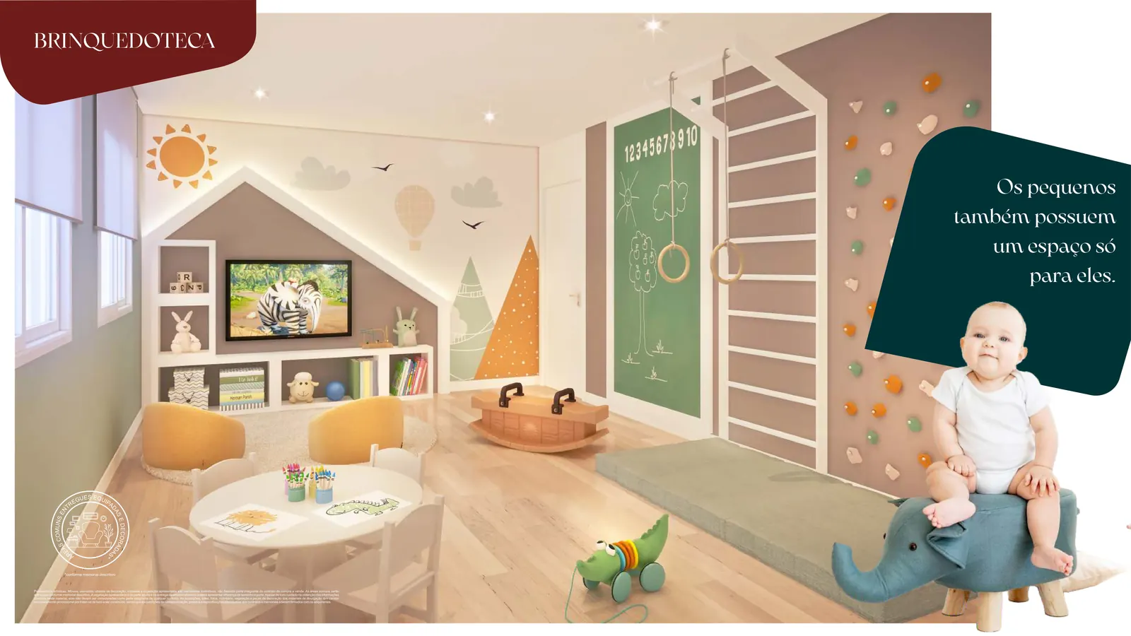 Brinquedoteca com escalada, lousa, mesinhas e brinquedos
