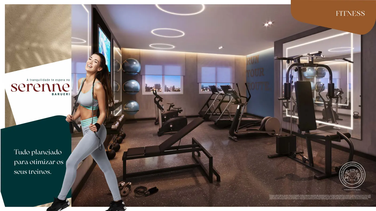 Academia com esteiras, bicicleta, estação de musculação e halteres