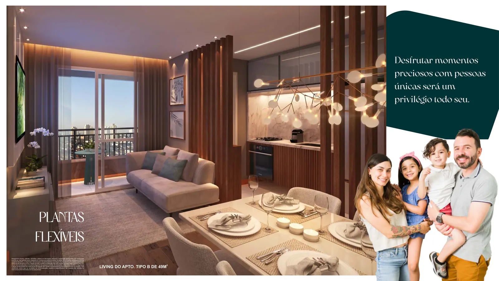 Living e cozinha integrada do apartamento Tipo B de 49 m²