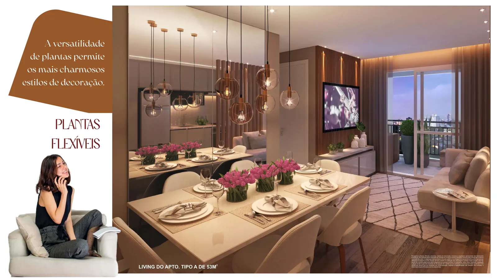 Living e sala de jantar do apartamento Tipo A de 53 m²