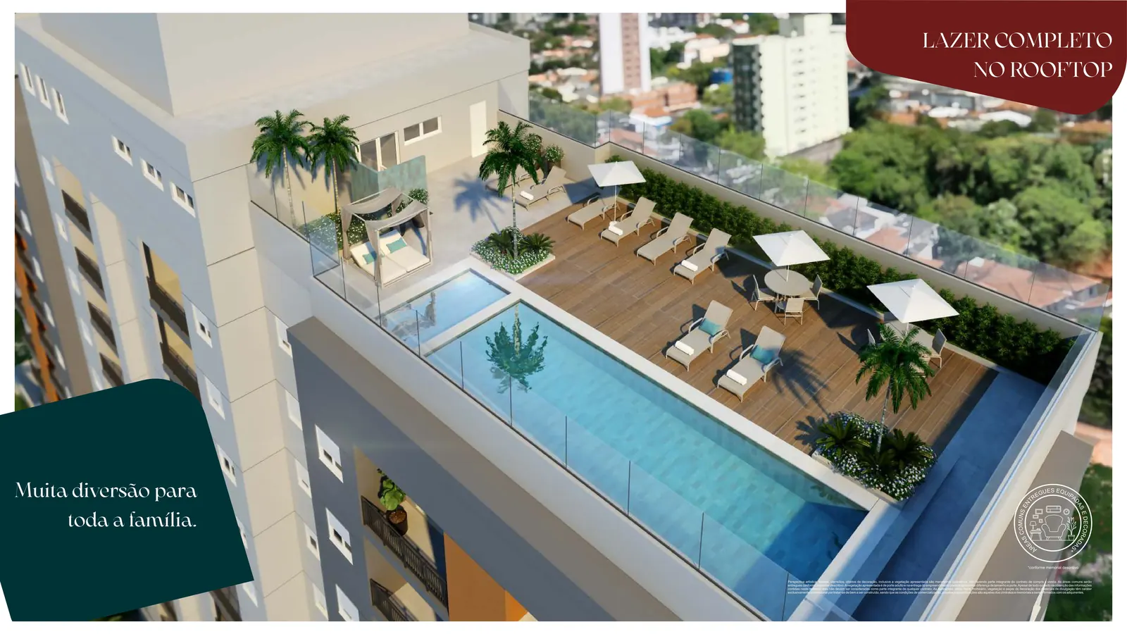 Vista aérea da piscina com deck, espreguiçadeiras e solarium