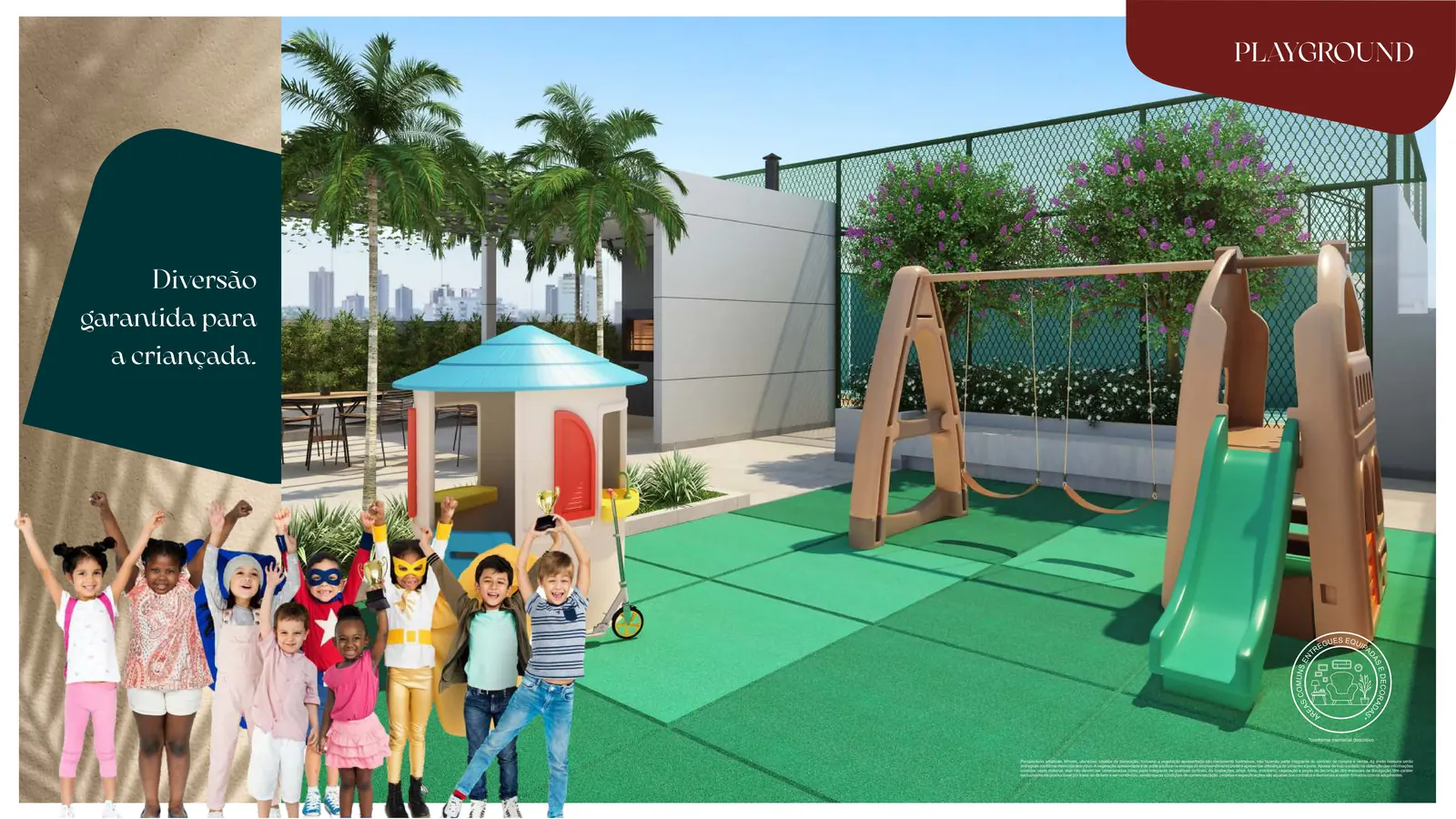 Playground com casinha, balanço e escorregador em piso emborrachado