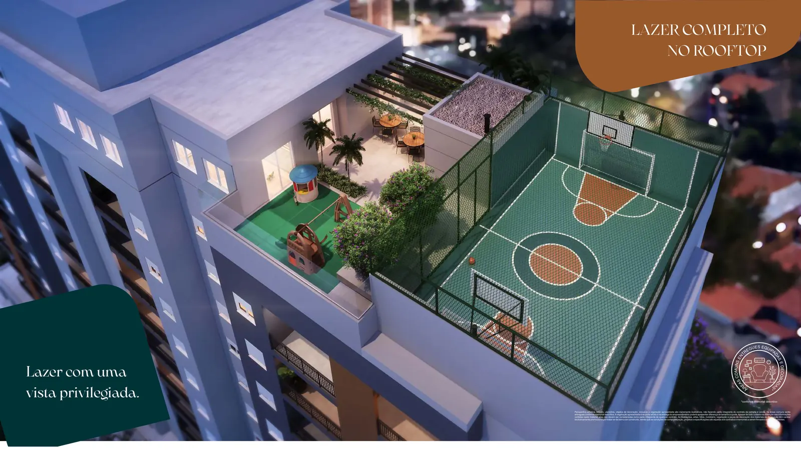 Vista aérea da quadra esportiva, pergolado e playground