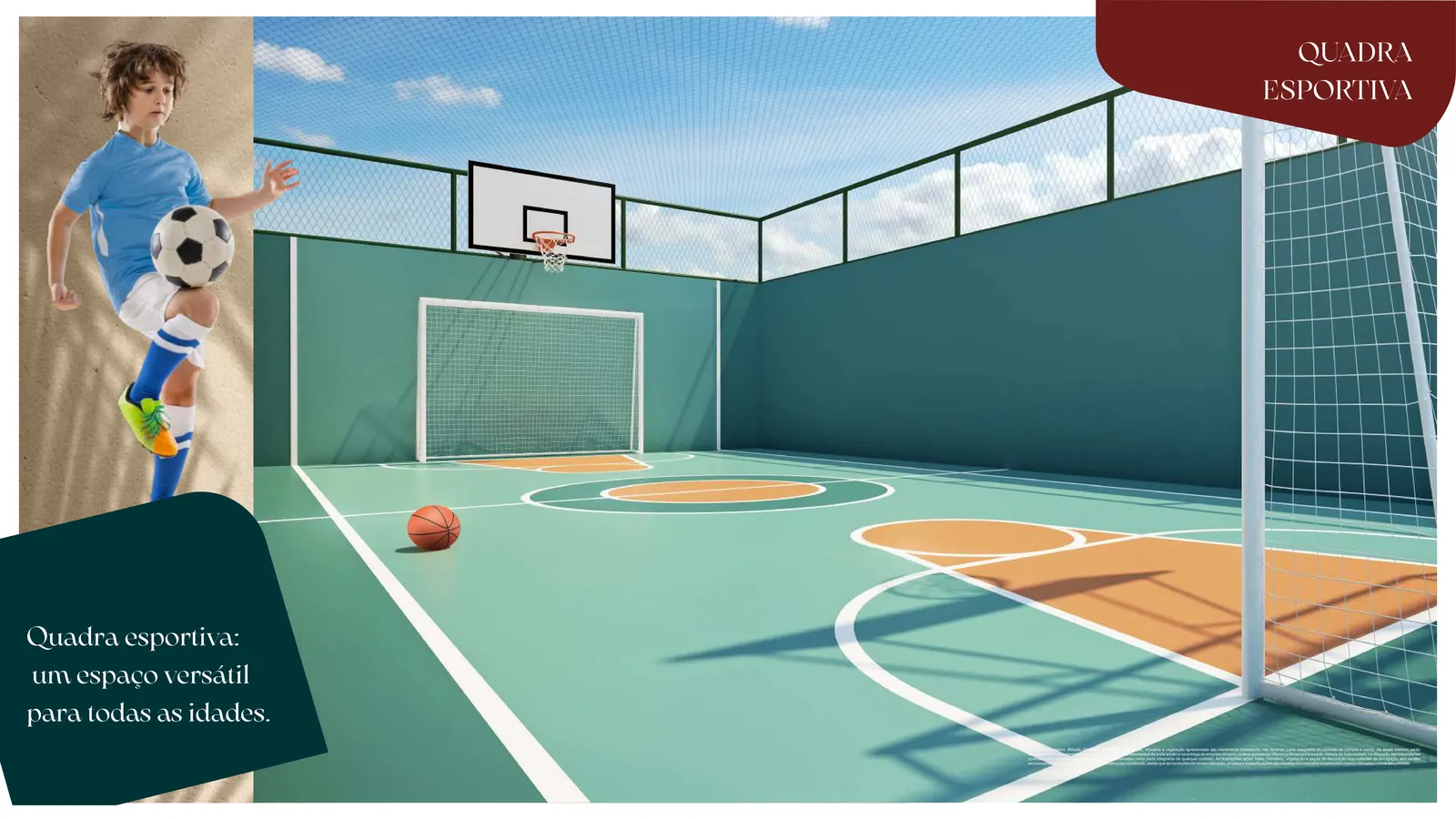 Quadra poliesportiva com traves e cesta de basquete